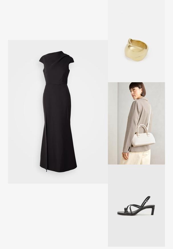 Svart ermeløs kjole med høy hals, tettsittende liv og gulvlengde skjørt med en sidespalte og glatt, matte tekstur.; Sorte sandaler med stropper, firkantet tå og lav blokk hæl. Har flere tynne stropper og en justerbar ankelstropp. Laget av glatt lær.; Hvit strukturert håndveske med korte håndtak og skulderreim, med detaljer i gullfinish og teksturert materiale, vist mot en grå bakgrunn.; Gullfarget ring med en glatt, vridd design. Har en polert overflate og avrundede kanter, som skaper en sømløs, flytende form.