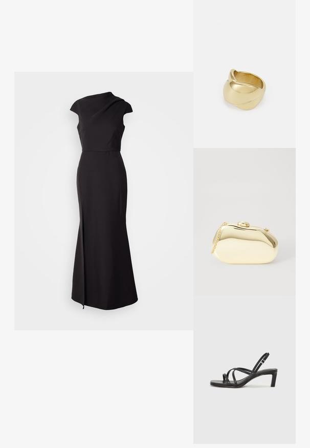 Svart ermeløs kjole med høy hals, tettsittende liv og gulvlengde skjørt med en sidespalte og glatt, matte tekstur.; Sorte sandaler med stropper, firkantet tå og lav blokk hæl. Har flere tynne stropper og en justerbar ankelstropp. Laget av glatt lær.; Metallisk gull clutch med en glatt, rund form, med en toppknapp-lås og et lite kjede for bæring.; Gullfarget ring med en glatt, vridd design. Har en polert overflate og avrundede kanter, som skaper en sømløs, flytende form.
