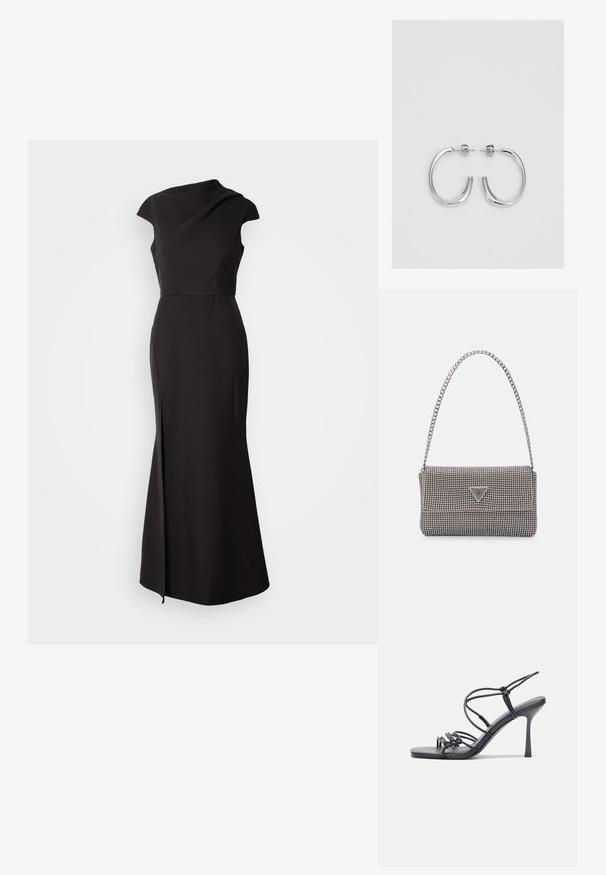 Must mõtlemata must ilma varrukateta kleit kõrgema kaelusega, keha lähedal istuv korpus ja põrandani ulatuv seelik, millel on külgsuund ja sile, mati tekstuur.; Mustad musta värvi kontsandaalid on varustatud peente rihmadega, millel on sõlmekujundus, siledad ruudukujulised varbad ja stiilne stilettokonts.; Helehall metallik handbags, millel on kett, kaunistatud väikeste ümmarguste metallist õmblustega ja kolmnurkse brändi logoga.; Hõbedast rõngaskõrvarõngad sileda ja läikiva pinnaga, kõveriku kujuga ning postitaksega sulgur. Minimalistlik disain kaasaegse viimistlusega.