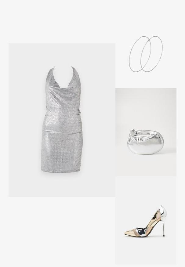 Hõbedane kaelus-krae kleit, millel on kumer kaelus, valmistatud läikivast materjalist, millel on tekstuuriline muster. Keha järgiv siluett ja põlvekõrgune hem.; Kitsas toe kõrge kontsaga kingad, millel on hõbedane, kuldne ja nude värvilahendus. Läikiv viimistlus lõikekujundusega, stiletto konts.; Hõbedane metallikoti kott pehme, ümar kuju ja sõlme ülemise sulgemisega. Valmistatud siledast kunstnahast materjalist.; Hõbedased rõngastikkaehingad minimalistlikus disainis. Ümar kuju, sile tekstuur ja õhuke profiil. Kerged ning poleeritud viimistlusega.