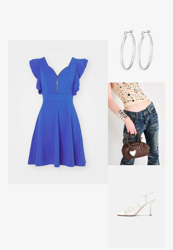 Blue dress with ruffled sleeves, V-neckline, and a front zipper. Flared skirt design and smooth fabric texture. Plain without patterns.; White strappy high-heeled sandal with a flat toe base, textured front with gathered accents, and a slim ankle strap.; Brown leather handbag with a heart-shaped accent, rounded design, gold hardware, held by a hand; paired with distressed denim and a beaded top.; Silver hoop earrings with a smooth, polished finish. Round shape and secure click-top closure. Lightweight design suitable for everyday wear.