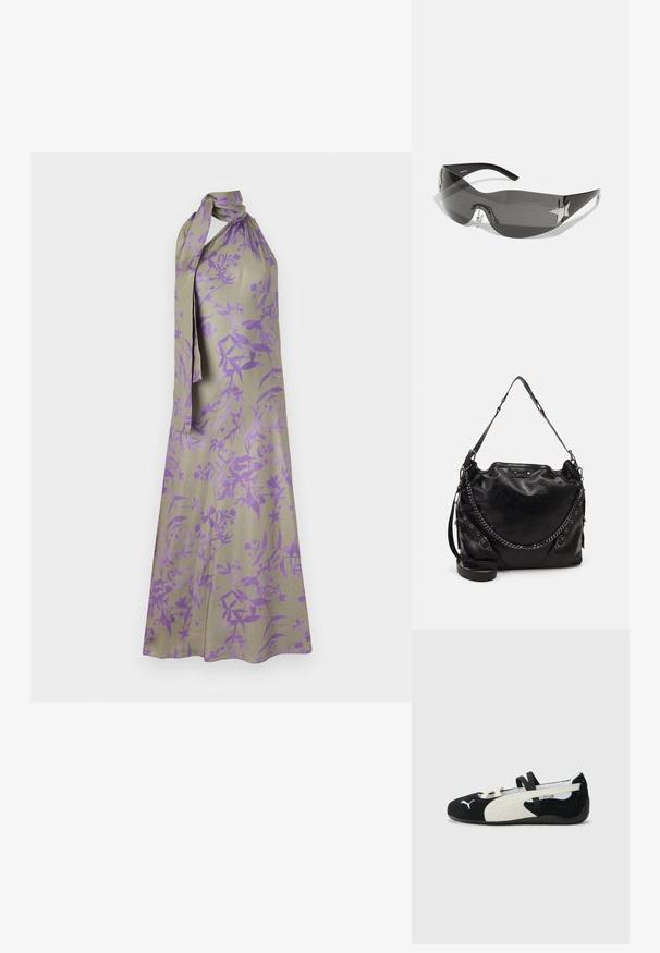 Halterkleid aus hellem beigen Stoff mit lila floralem Muster. Mit gebundenem Ausschnitt und fließender Silhouette.; Schwarzer und cremiger, ultraleichter Schuh mit einem Obermaterial aus Wildleder, flacher Sohle, elastischen Riemen und einem kleinen Logo an der Zehe.; Schwarze Sonnenbrille mit wrap-around Design, dunkel getönten Gläsern, glänzenden, sternförmigen Akzenten und verstellbaren Nasenpads.; Schwarze Leder-Schultertasche mit strukturierter Oberfläche, ausgestattet mit einer Kettenakzentuierung, verstellbarem Schulterriemen und silbernen Hardware-Details.; Silberohrringe mit einem runden Ring, verziert mit glitzernden Steinen und einem tropfenförmigen Perlenanhänger. Auffälliges Design mit filigranen Akzenten.