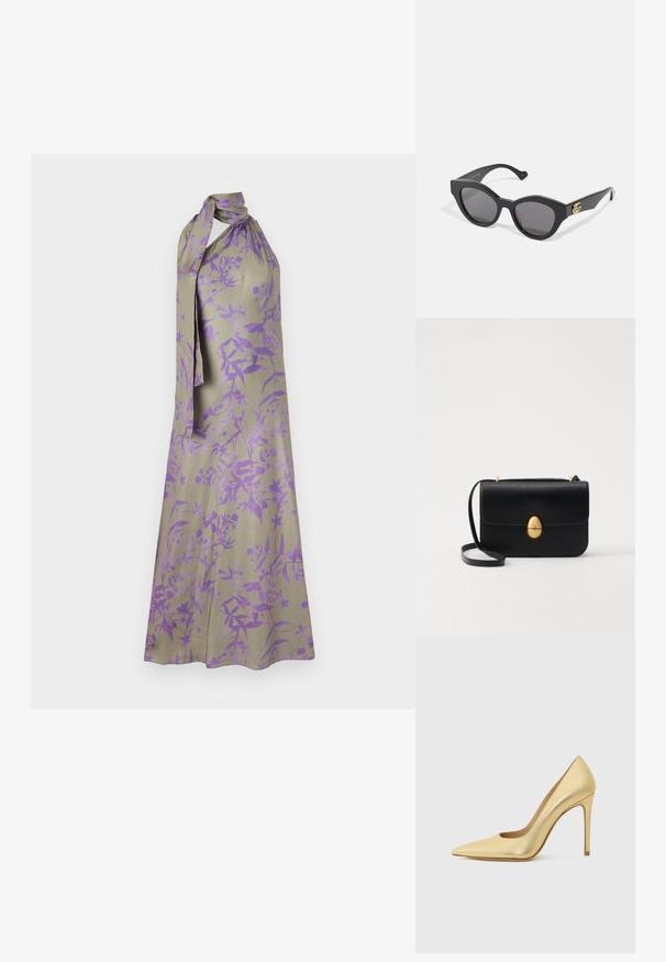 Sukienka na szyję w jasnobeżowym materiale z kwiatowym wzorem w purpurze. Ma zawiązywany dekolt i zwiewną sylwetkę.; Złote metaliczne szpilki z ostrym noskiem i obcasem typu stiletto, prezentowane z boku na jednolitym jasnym tle.; Czarne okulary przeciwsłoneczne w kanciastej formie kociego oka, z ciemnymi szkłami. Złoty akcent logo na zauszniku. Gładka plastikowa oprawka.; Czarna skórzana torba na ramię o strukturalnym prostokątnym kształcie. Posiada złoty owalny zamek i cienki pasek na ramię. Gładka faktura.