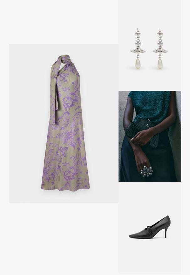 Robe dos nu en tissu beige clair avec un motif floral violet. Présente un col noué et une silhouette fluide.; GIABORGHINI ARTEMIS - Escarpins - black; Sac à main en cuir noir à motif crocodile avec des finitions en métal argenté, posé sur un fond texturé gris. Présente une surface brillante.; Boucles d'oreilles en argent avec un anneau circulaire, ornées de pierres étincelantes et d'un pendentif en forme de goutte de perle. Design distinctif avec des accents complexes.