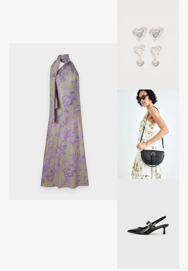 Halenková šaty ve světle béžové tkanině s květinovým vzorem v purpurové barvě. Mají zavázaný výstřih a splývavý siluetu.; Černé lakované boty na podpatku typu slingback s špičatou špičkou a malým blokovým podpatkem, které mají na pásku stříbrný přezkový akcent.; Černá kožená kabelka s křivkovým tvarem, odnímatelným popruhem a zlatými detaily. Kabelka má klopu s přezkou.; Stříbrné náušnice ve tvaru srdce mají fasetované průhledné kameny a texturovaný rám. Sada zahrnuje styl pecek a visacích náušnic.
