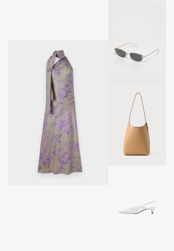Abito halterneck in tessuto beige chiaro con un motivo floreale in viola. Caratterizzato da un collo legato e una silhouette fluida.; Décolleté bianco con punta affilata, caratterizzato da una tomaia liscia, sottili aperture e un tacco a blocco basso. La suola nera esalta il design.; Occhiali da sole in metallo dorato con forma ovale, lenti grigio scuro e aste trasparenti. Presentano dettagli decorativi sulla montatura.; Borsa a spalla in pelle di un tan chiaro con una superficie liscia, design minimalista, una singola tracolla curva e dettagli hardware discreti.