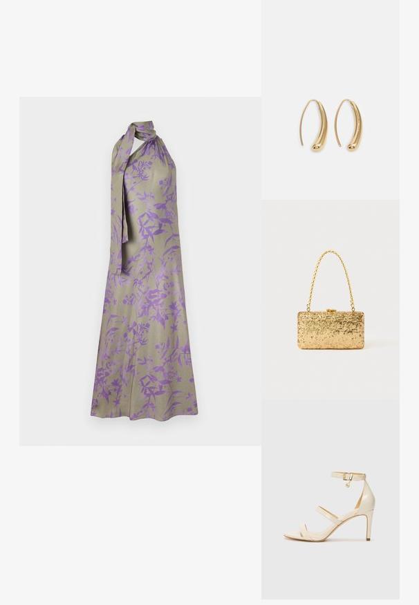 Halteru tipa kleita gaiši beidzīgā audumā ar purpursarkaniem ziedu rakstiem. Ir saistīts apkakles dizains un plūstoša silueta.; Bežīgas augstpapēžu sandales ar plānu potītes siksniņu un divām augšējām siksnām. Spīdošs laku apdare un zelta aksesuārs uz potītes siksniņas.; Zelta sekmju soma ar taisnstūra formu, kurai ir savīti ķēdes rokturi un metāla aizdare, kas atspoguļo gaismu ar teksturētu apdari.; Zelta toņu metāla gredzena auskari ar izliektu, pagarinātu formu. Ar gludu, spīdīgu virsma un noapaļotu galu papildu detaļām.