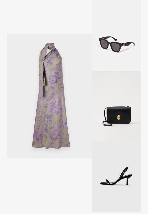 Halterneck jurk in lichtbeige stof met een paarse bloemenprint. Het heeft een gestrikte halslijn en een vloeiende uitstraling.; Zwarte suede dames hooggehakte sandaal met smalle bandjes en een gouden gesp op een witte achtergrond, zijaanzicht.; Zwarte vierkante zonnebril met donkere glazen. Mat montuur met gouden logo-accenten op het montuurbeen. Gestroomlijnd ontwerp met dikke pootjes.; Zwarte leren handtas met een gestructureerde rechthoekige vorm. Voorzien van een gouden ovale sluiting en een dunne schouderband. Glad van textuur.
