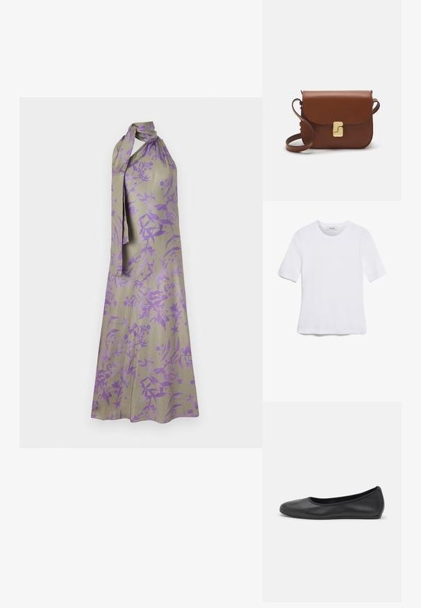 Robe dos nu en tissu beige clair avec un motif floral violet. Présente un col noué et une silhouette fluide.; T-shirt blanc à manches courtes en tissu côtelé. Col rond, coupe régulière et détails de couture subtils. Aucune motif ni graphique.; Ballerines en cuir noir avec un bout rond, texture lisse, détails de couture minimalistes et design de semelle flexible.; Sac à main en cuir marron avec une fermeture à rabat, des accents en métal doré, une bandoulière et une texture lisse. Forme rectangulaire compacte.