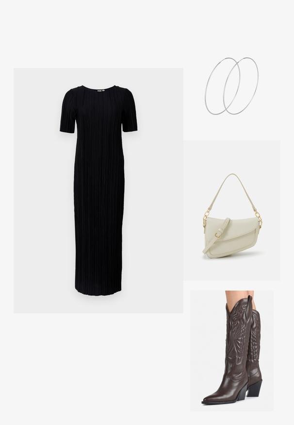 Juodas maksi suknelė su trumpomis rankovėmis, pasižyminti šonkauline tekstūra ir vertikaliomis klostėmis per visą audinį, apvaliu iškirpimu ir kulkšnies ilgio dizainu.; Rudos odinės kaubojaus batai su smailiu priekiu ir blokuotu kulnu, pasižymintys detaliu siuvinėjimu ir iškiliais akcentais ant ašies.; Mažas kreminis rankinukas su tekstūruotu paviršiumi, ilga reguliuojama juostele, grandinėle ir užsegimu su atvartu. Aukso detalės.; Sidabrinės pusmėnulio auskarai minimalistiniu dizainu. Apskritimo forma, lygus paviršius ir plonas profilis. Lengvi su poliruotu apdailu.