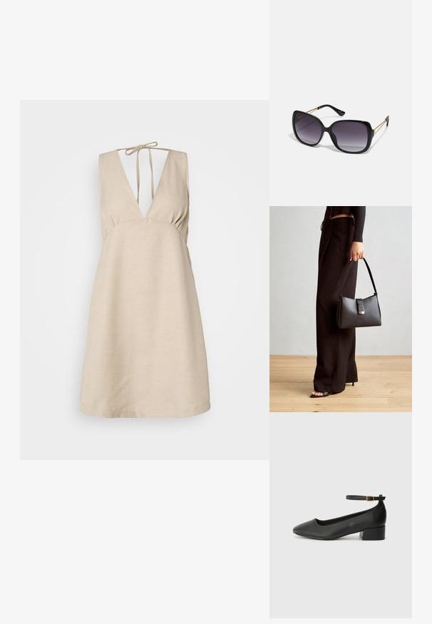 Bež haljina od platna s dubokim V-izrezom i podesivom vezicom na leđima. A-linijski kroj, teksturirana tkanina i bez rukava.; Crne kožne pumpe s oštrim vrhom i niskom blok petom. Sadrže remen oko gležnja s zlatnim kopčanjem. Glatka tekstura.; Crne prevelike sunčane naočale s gradijentnim lećama, debelim okvirom i zlatnim lancem kao detaljem na krakovima.; Crna torba s oblikom koji sadrži strukturu, glađu teksturu i metalnu kopču. Uparena s širokim crnim hlačama i sandalama na otvorenom s drvenog poda.