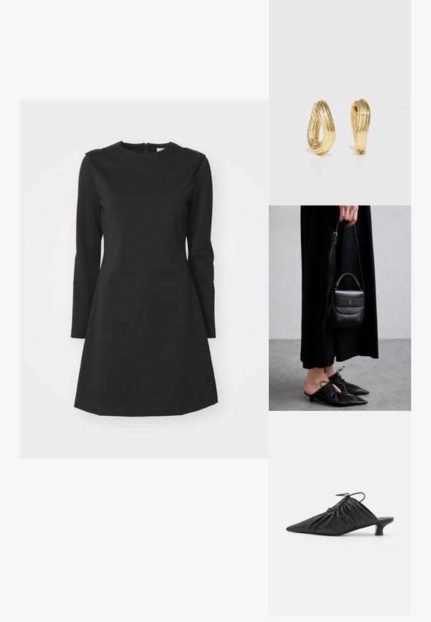 Černé dlouhé šaty s kulatým výstřihem, A-silhouette a zadním zipem. Vyrobené z hladké, strukturované tkaniny.; Černé kožené slip-on mule s špičatou špicí, shromážděnou texturou a malým podpatkem. Vlastnosti zahrnují stahovací detail na otvoru.; Malá černá kožená kabelka s zaobleným tvarem, horním madlem a odnímatelným popruhem. Nositelná s černými látkovými šaty a černými plisovanými botami.; Zlaté kruhové náušnice s šroubovitým designem, které mají rýhovaný povrch a hladký finiš. Lehká a dutá konstrukce.