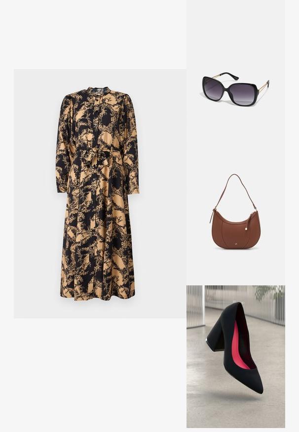 Dolga obleka s gumbom v črno-bež cvetličnem vzorcu, z dolgimi rokavi, zategnjenim pasom in veznim pasom. Gladka tekstura tkanine.; Črne visoke petke z nazobčanim prstom, teksturirano površino in živahnimi rožnatimi notranjimi deli. Imajo robustno peto z srebrnim akcentom.; Črne prevelike sončne očala z degradacijskimi lečami, debelimi okvirji in zlatimi verižicami na ročajih.; Rjava usnjena torbica z ramenskim ročajem, ukrivljene oblike, minimalnim šivom in zlato-tonirano kovinsko dekoracijo. Ima zgornje zapiranje na zadrgo in nastavljiv trak.