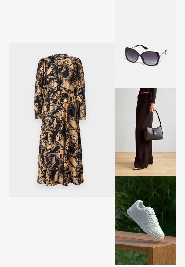 Pikkade varrukatega must ja beež lillemustriga nööpide küljes kleit, kitseneva vööga ja seotud vöödiga. Sile kangas.; Valged sneakerd, millel on sile sünteetiline ülemine osa, väikeste aukudega varvaskast, lamedad paelad ja tekstuuriga tald, eksponeeritud puidust pinnal.; Mustad ümarad päikeseglaasid, millel on gradient objektiivid, paksud raamid ja kuldse tooni kettaga kaunistused tempelitel.; Must musta kott, millel on struktureeritud kuju, sile tekstuur ja metallist klamber. Kombineeritud laiate mustade pükstega ja avatud varvaste sandaalidega puidust põrandal.