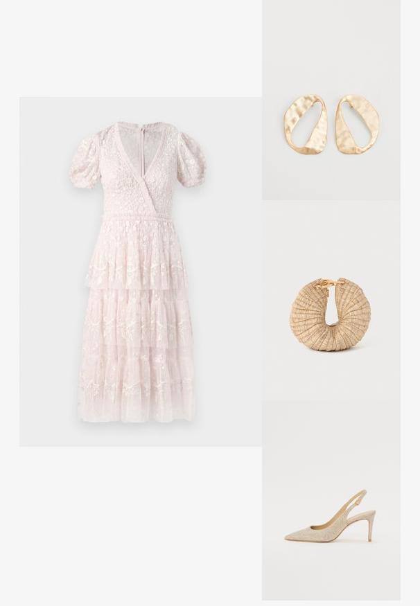 Roza, večplastna obleka s puhastimi rokavi, V-izrezom in zapleteno cvetlično vezenino. Narejena iz teksturirane, lahke tkanine. Zadrga na hrbtu.; Pointe-jedro oblika čevlja v kovinski zlati tkanini z diskretnimi teksturami, ki ima ozek peto in okroglo zapiranje okoli gležnja.; Cult Gaia UBAH - Pisemska torbica - wheat; Par nenavadno ovalnih zlatih metalnih uhani s teksturirano, rahlo udarjeno površino na belem ozadju.