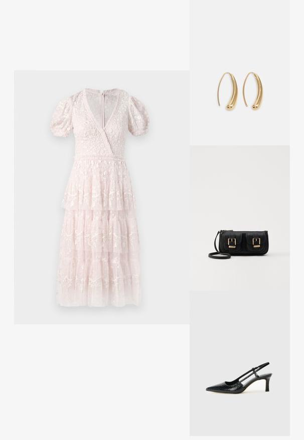Roza, slojevita haljina s puf rukavima, V-izrezom i složenom cvjetnom vezom. Napravljena od teksturiranog, laganog materijala. Patentni zatvarač na leđima.; Crne lakirane slingback pete s oštrim vrhom, s teksturiranim uzorkom zmijske kože, podesivom remenom i kratkom, teksturiranom blok-petom.; Crna kožna torba preko ramena s dva prednja džepa, zlatnim kopčama, zatvaranjem na zip i uskim remenom. Teksturirana površina i kompaktan pravokutan oblik.; Zlatne metalne naušnice u obliku obruča s zakrivljenim, izduženim oblikom. Imaju glatku, sjajnu površinu i zaobljeni vrh za dodatni detalj.