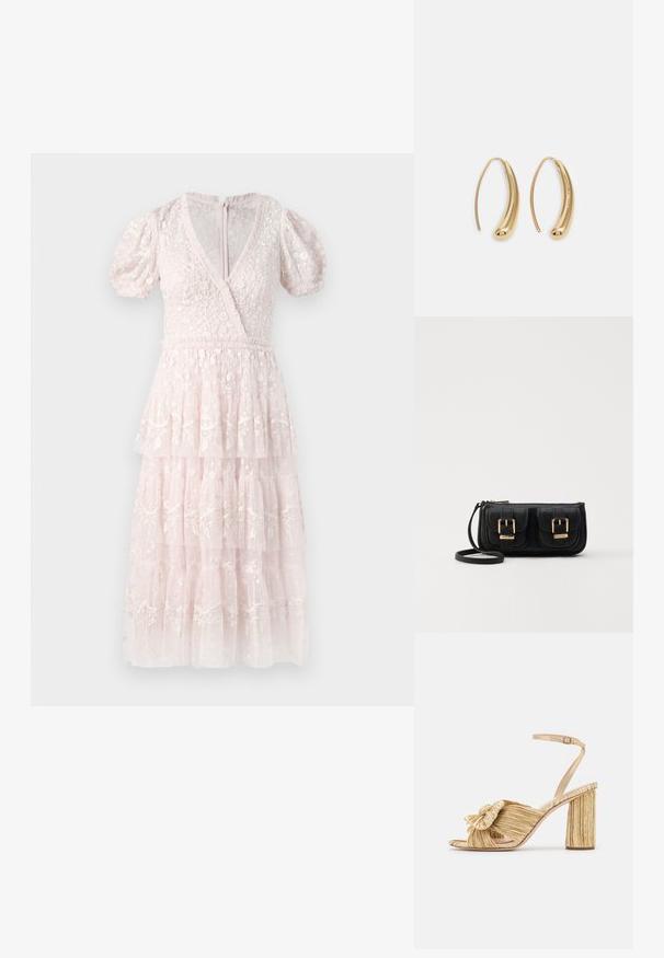 Robe rose à étages avec des manches bouffantes, décolleté en V et broderies florales délicates. Fabriquée en tissu léger et texturé. Fermeture éclair au dos.; Sandales dorées à talons avec un devant noué, texture plissée et une bride de cheville. Le talon carré a un design strié, améliorant l'adhérence.; Sac en cuir noir porté en travers avec deux poches avant, boucles dorées, fermeture zippée et une sangle fine. Surface texturée et forme rectangulaire compacte.; Boucles d'oreilles en métal doré en forme d'anneau, avec une forme courbée et allongée. Elles présentent une surface lisse et brillante avec une pointe arrondie pour un détail supplémentaire.