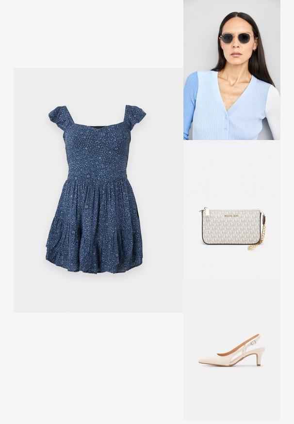 Marinblå klänning med mönstrad tyg, fyrkantig halsringning och korta puffärmar. Utsvängd kjol med veckade detaljer.; Vit slingbackklack med spetsig tå, slät ovandel, låg blockklack och sidoutskärning med justerbar spänne.; Runda solglasögon med mörka linser och guldramar. Modellen bär en ljusblå, ribbad cardigan med knappar och kontrasterande vita ärmar.; Michael Kors handledos i beige belagd kanvas med ett upprepande MK-logomönster, gyllene detaljer och ett avtagbart kedjehandtag.