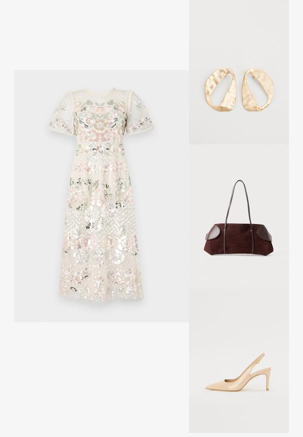 Rochie dintr-un material transparent, cu paiete și broderie florală în culori pastelate. Mâneci scurte tip puff și decolteu rotund. Lungime midi.; Pantofii cu toc slingback din piele patent nud, cu vârf ascuțit, vamp deschis și toc subțire stilettos. Prezintă un accent circular auriu pe curea.; Geantă din suede maro cu accente din piele, formă structurată, două curele de umăr și margini rotunjite, având o textură netedă și hardware minim.; O pereche de cercei din metal de culoare aurie, cu formă ovală neregulată, având o suprafață texturată, ușor ciocănită, pe un fundal alb.