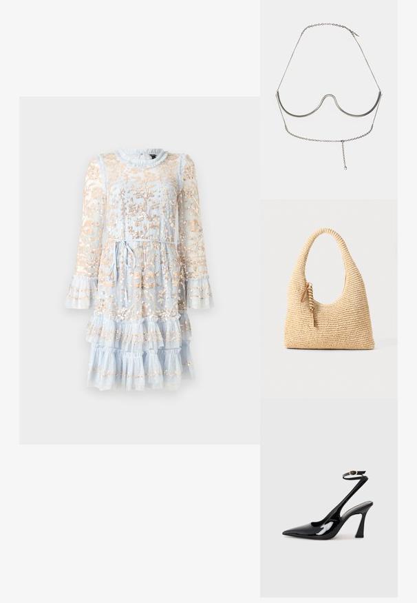 Plava tuli haljina s dugim rukavima, nabranim manžetama, cvjetnim vezom u zlatu, višeslojnim slojevima i pojasom za podešavanje struka.; Crne lakirane slingback cipele s visokom potpeticom, u obliku špice, s podesivim remenom oko gležnja i umjerenom blok-potpeticom. Glatka tekstura s sjajnim završetkom.; Tkanina bežna torba s zakrivljenim ručkom, teksturiranom površinom i smeškom smeškom od smeđe boje. Ima opušten oblik hobo torbe.; Cult Gaia ASHA BODY JEWELRY - Ostali dodaci - bright shiny silver-coloured