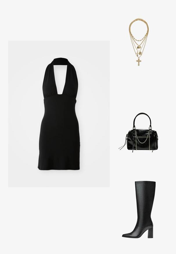 Svart halterneck-klänning i mjukt material. Har en djup V-ringning och en figurnära design, med en slät yta och inga synliga mönster.; Svart knähög stövel i faux läder med spetsig tå, slät yta och kraftig blockklack. Minimalistisk design utan synliga detaljer.; Bershka WITH CHAIN - Handväska - black; Guldflerskiktad halsband med varierande kedjelängder, dekorativa hängsmycken inklusive kors och rektangulära charm, med en strukturerad finish.