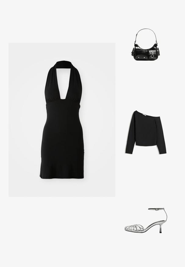 Crna haljina bez rukava izrađena od mekane tkanine. Ima dubok V-izrez i oblikovani kroj, s glatkom teksturom i bez vidljivih uzoraka.; Crna majica s dugim rukavima koja se nosi bez ramena, napravljena od mekane tkanine. Ima skraćeni dizajn s širokim izrezom i uskim rukavima.; Srebrna sandala s remenima, niskom petom, koja sadrži višestruke križne remene, remen oko gležnja s kopčom i glatku, sjajnu teksturu.; Crna patentna kožna torba s zakrivljenim oblikom, jednim remenom za rame, prednjim džepovima i akcentima od srebrnog tona.