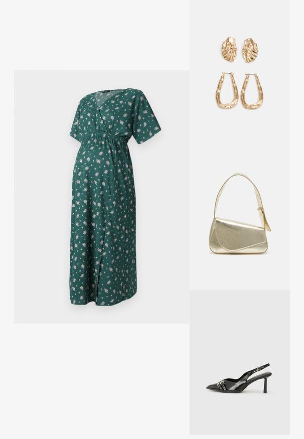 Zöld virágmintás ruha V-kivágással, rövid ujjakkal és gumis derékkal. Hosszú, laza sziluettel rendelkezik, apró virágmintákkal.; Fekete lakk bőr, hegyes orrú slingback cipő, boka pántokkal, ezüst csatokkal és hardverelemekkel, valamint karcsú sarkú.; Arany fémes kézi táska, strukturált dizájnnal, sima felülettel és állítható pánttal. Egyedi háromszög alakú, minimalistának mondható varrásokkal rendelkezik.; Aranyszínű fülbevalók, texturált, hullámos formákkal. Tartalmazza a szobrászati klipszes studokat és az open hoop kialakítást, kalapácsos felülettel.