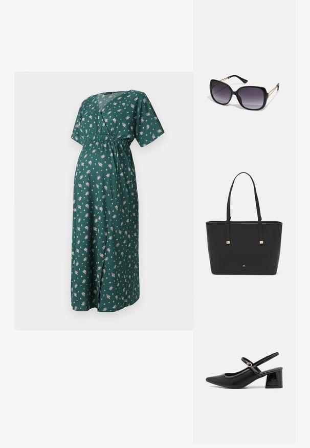 Zöld virágmintás ruha V-kivágással, rövid ujjakkal és gumis derékkal. Hosszú, laza sziluettel rendelkezik, apró virágmintákkal.; Fekete lakk bőr, pántos magassarkú cipő, hegyes orral, lekerekített kivágással és tömbsarkal. Arany színű csat díszíti.; Fekete, oversize napszemüveg fokozatos árnyalatú lencsékkel, vastag kerettel és arany színű lánc díszítéssel a szárakon.; Fekete tote táska szintetikus anyagból, egyszerű téglalap formájú dizájnnal, arany négyzet díszítésekkel és dupla fogantyúkkal.