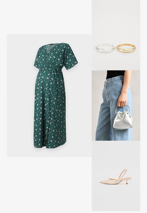 Zelena cvetna obleka z V-izrezom, kratkimi rokavi in elastičnim pasom. Ima dolgo, tekočo silhueto z majhnimi cvetličnimi vzorci.; Bež čevlji na peto iz patentiranega usnja, s koničastim nosom in ozko kvadratno peto. Gladka tekstura in minimalističen dizajn brez okrasja.; Metalna srebrna torba na ramenu z zrnato površino, okrašena s srebrnim okroglim ročajem in zapiranjem na vrvico, držana ob svetlo modrih džinsih.; Zign 2 PACK - Zapestnica - gold-coloured/silver-coloured