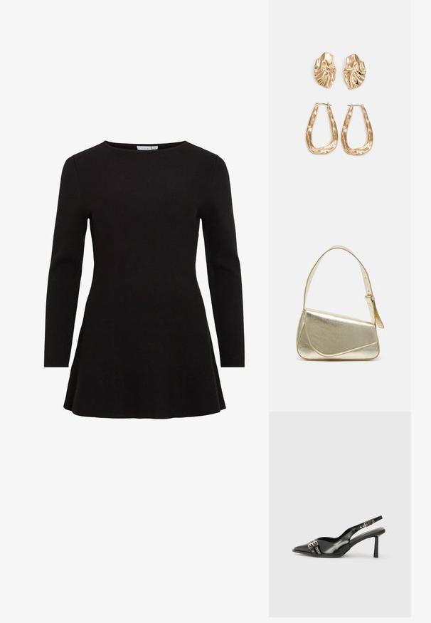 Zwarte lange mouw jurk met een ronde halslijn, uitlopende zoom en een gladde textuur, gemaakt van een zachte tricot stof.; Zwarte gepolijste leren slingback schoenen met een puntige neus, enkelbandjes met zilveren gespen en hardware, en een slanke hak.; Gouden metallic handtas met een gestructureerd ontwerp, gladde textuur en verstelbare schouderband. Kenmerkt zich door een unieke driehoekige vorm en minimalistische stiksels.; Gouden oorbellen met een getextureerd, golvend ontwerp. Bevat sculpturale clip-on studs en een open ringontwerp met een gehamerd oppervlak.