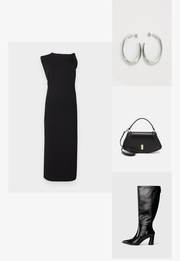Czarna sukienka midi bez rękawów o prostym okrągłym dekolcie i prostym, dopasowanym kroju na jednolitym tle.; Czarny skórzany but do kolan z ostro zakończonym noskiem, gładką fakturą i grubym obcasem. Posiada zamek z tyłu.; Czarna skórzana torebka o strukturalnym designie, z przyciętą formą, górnym uchwytem i złotymi akcentami. W zestawie regulowany pasek na ramię.; Srebrne kolczyki-hoop o gładkim, zakrzywionym designie. Posiadają błyszczące metaliczne wykończenie i zapięcie na sztyft. Brak widocznych wzorów lub akcentów.