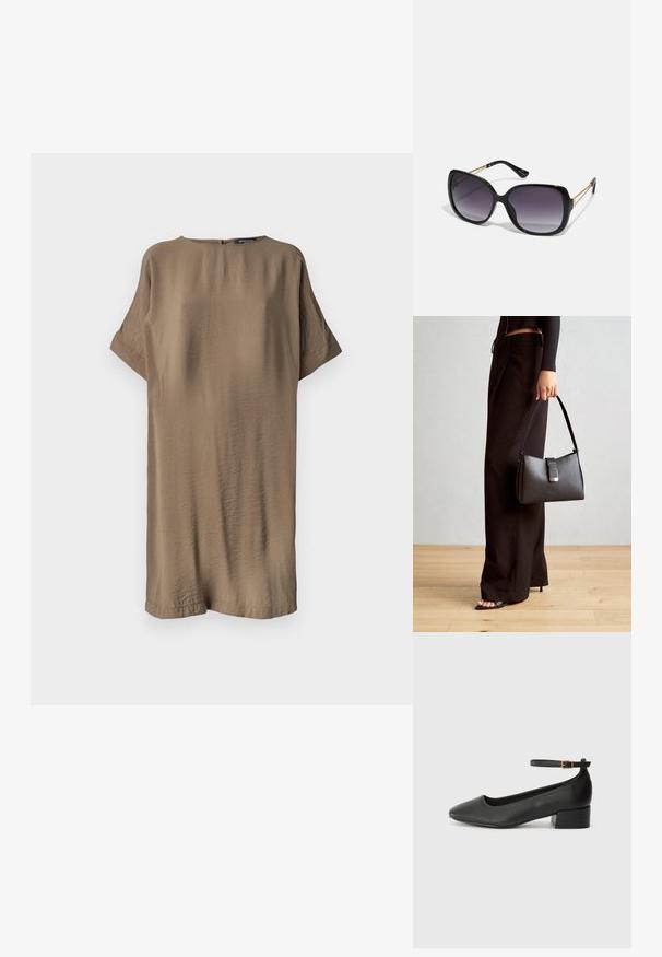 Prevelika haljina kratkih rukava od teksturiranog, prigušenog smešnog materijala. Jednostavno okruglo izrezivanje i diskretna pozadinska kopča. Ležeran dizajn.; Crne kožne pumpe s oštrim vrhom i niskom blok petom. Sadrže remen oko gležnja s zlatnim kopčanjem. Glatka tekstura.; Crne prevelike sunčane naočale s gradijentnim lećama, debelim okvirom i zlatnim lancem kao detaljem na krakovima.; Crna torba s oblikom koji sadrži strukturu, glađu teksturu i metalnu kopču. Uparena s širokim crnim hlačama i sandalama na otvorenom s drvenog poda.