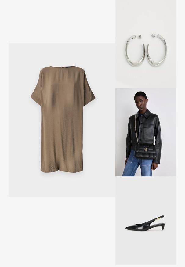 Vestido de manga corta de gran tamaño en una tela marrón texturizada y apagada. Cuello redondo simple y detalle discreto de cierre en la parte posterior. Diseño casual.; Tacones negros de piel sintética tipo slingback con punta afilada, que cuentan con un tacón delgado y un detalle en tono dorado en la correa ajustable. Textura suave.; Chaqueta de cuero negra con cierre de botón y dos bolsillos frontales, combinada con un bolso acolchado negro que cuenta con un cierre dorado y correa de cadena.; Pendientes de aro de plata con un diseño curvado y suave. Presentan un acabado metálico brillante y cierre de presión. Sin patrones ni acentos visibles.