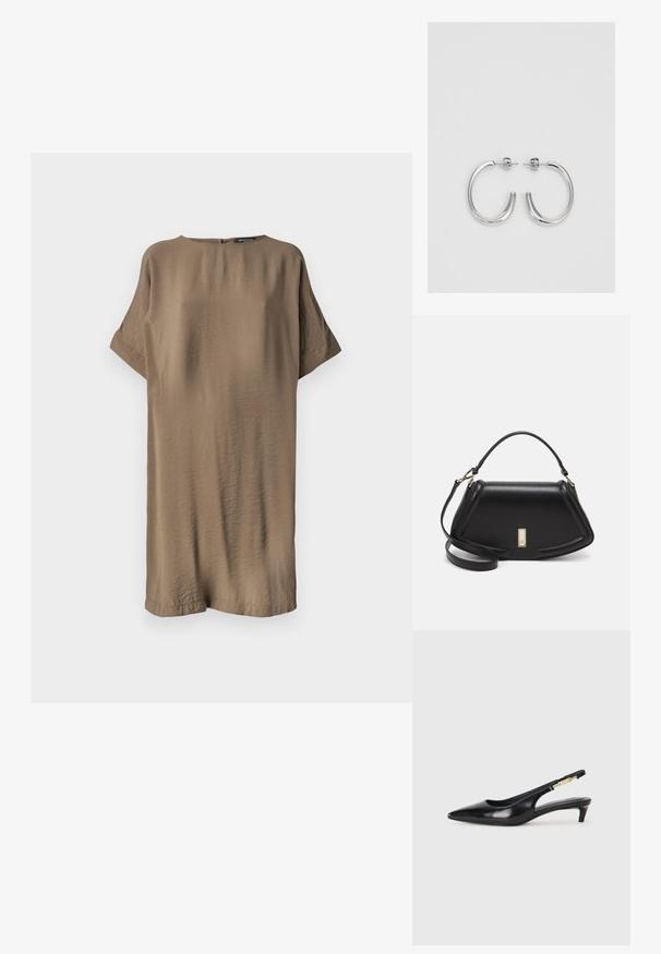 Rochie supradimensionată cu mâneci scurte, dintr-un material texturat, de culoare maro subtilă. Guler rotund simplu și detaliu discret de închidere la spate. Design casual.; Sandale slingback din piele neagră cu vârf ascuțit, având un toc subțire și un accent de culoare aurie pe curea ajustabilă. Textură netedă.; Geantă de umăr din piele neagră, cu un design structurat, având o formă tăiată, mânere superioare și accente din aur. Include o curea de umăr ajustabilă.; Cercei rotunzi din argint cu un finisaj neted și strălucitor. Design ușor, având o formă rotundă și închidere cu tijă.