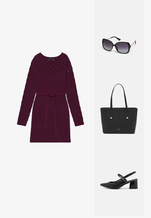 Robe tricotée bordeaux avec de longues manches à motif losange, un col rond et une ceinture assortie à la taille.; Escarpins slingback en cuir verni noir avec un embout pointu, un design à découpes arrondies et un talon carré. Présente un accent de boucle en ton doré.; Lunettes de soleil noires surdimensionnées avec des verres dégradés, monture épaisse et détails en chaîne dorée sur les branches.; Sac fourre-tout noir en matériau synthétique, avec un design rectangulaire simple, des accents carrés dorés et des doubles poignées.