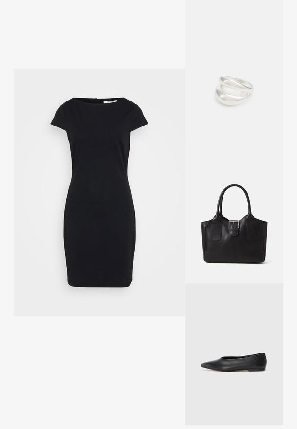 Czarna dopasowana sukienka z krótkimi bufkami, okrągłym dekoltem i ukrytym zamkiem z tyłu; gładki materiał o matowym wykończeniu.; Czarne baleriny z lakierowanej skóry, spiczasty nosek, minimalistyczny design, gładka faktura, niskie obcasy, bez widocznych elementów metalowych czy ozdób.; Czarna skórzana torba tote o gładkiej fakturze, usztywnionym kształcie, dwóch uchwytach oraz wyraźnym srebrnym zapięciu na przodzie.; Srebrna obrączka podwójna z gładką, polerowaną powierzchnią. Posiada płynny, zakrzywiony kształt z nakładającymi się sekcjami, co nadaje nowoczesny wygląd.