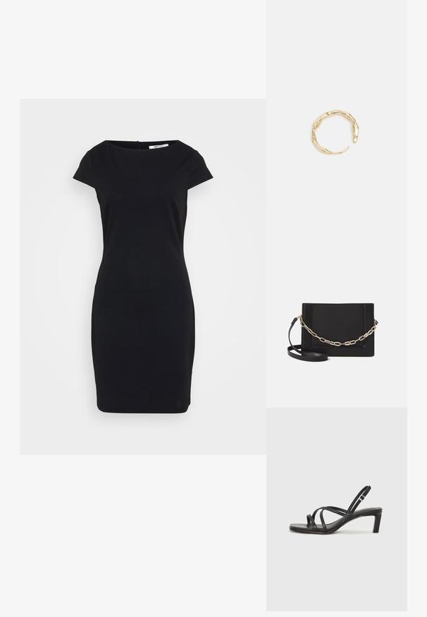 Crna pripijena haljina s kratkim kap sleeves, okruglim izrezom i skrivenim patentnim zatvaračem straga; glatka tkanina s mat finishem.; Crne sandale s trakama, kvadratnim prstom i niskom blok petom. Ima više tankih trakica i podesivu trakicu oko gležnja. Izrađene su od glatke kože.; Crna kožna torba preko tijela s glatkom teksturom, pravokutnim oblikom i metalnim lancem na prednjoj strani. Uključena je podesiva naramenica.; Prsten u zlatnoj nijansi s organskim, uvijenim dizajnom, glatkom teksturom i suženim krajevima, koji stvara moderan, skulpturalni izgled.