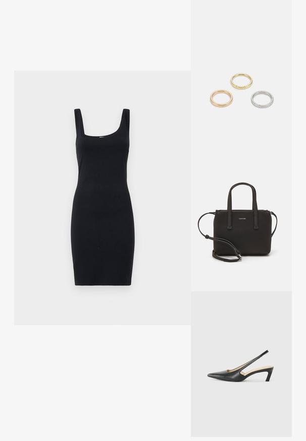 Abito nero aderente con scollatura quadrata, spalline larghe e texture liscia, progettato per una silhouette snella.; Scarpa slingback nera con punta affilata e tacco basso, realizzata in pelle liscia e con un design a taglio laterale per favorire la traspirabilità.; Borsa nera con doppi manici corti e tracolla removibile. Materiale simile alla pelle liscia con chiusura a zip e dettaglio del logo.; Tre anelli metallici: uno in oro rosa, uno in oro con dettagli in rilievo e uno in argento, tutti con marchi incisi sulla parte interna.