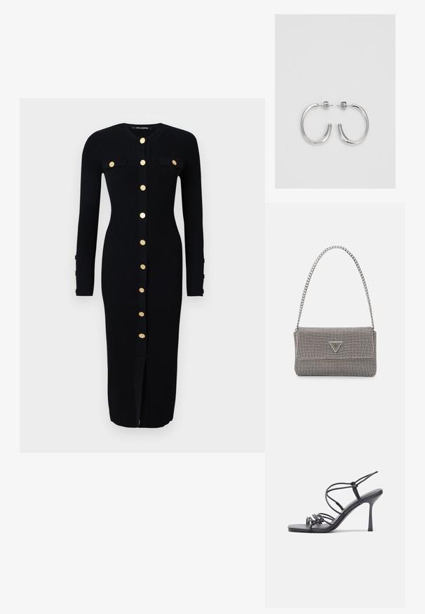 Melnā garām piedurknēm ribota kleita ar zelta pieskaņas pogu aizdari, divām krūšu kabatām un priekšējo šķēlumu. Mīksta tekstūra, pieguļoša forma.; Melnas augstpapēžu sandales ar plāniem siksniņām un mezgla dizainu, gluda kvadrātveida purngalu un elegantu stiletto papēdi.; Gaiši pelēka metāla rokassoma ar ķēdes siksnu, rotāta ar mazām apaļām metāla kniedēm un trīsstūra zīmola logo.; Sudraba stīpas auskari ar gludu, spīdīgu virsmu, izceļas ar izliektaveida formu un aizdari ar tapu. Minimālistisks dizains ar mūsdienīgu apdari.
