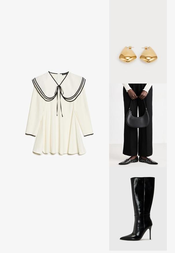 Kremfarget langermet kjole med stor seilorkrage med svart kant og slips, plissert skjørt og svart kant på ermene.; Sorte skinnkne-høye støvler med spiss tå og høye stiletthæler. Glatt tekstur og elegant design, med minimal detaljering.; Svart skinn skulderveske med en avrundet form, glanset overflate og sølvfargede detaljer. Person iført sorte vide bukser og naglede loafers.; Øreringer i gulltone laget av metall, med en glatt, avrundet trikantform og stift-bakdesign; reflekterende overflate med minimal detaljer.