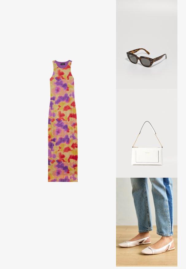 Robe longue sans manches au design ajusté. Présente une base jaune avec des motifs abstraits rouges, violets et oranges. Texture côtelée et encolure ronde.; Ballerines slingback rose pâle avec un bout pointu, fabriquées en un matériau semblable au cuir lisse. Présentent des découpes sur les côtés et un talon plat.; Lunettes de soleil en écaille de tortue avec des montures angulaires et des lentilles grises. Présentent une finition brillante et un logo discret sur les branches.; Sac à main en cuir blanc avec un fini texturé, doté d'une bandoulière en chaîne dorée et d'accents noirs. Comprend une poche avant et une fermeture éclair.