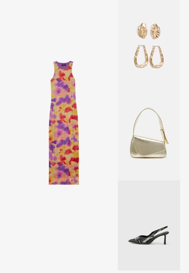 Hosszú ujjatlan ruha, amely testhez álló fazonú. Sárga alapszínű, piros, lila és narancssárga absztrakt mintákkal díszített. Bordás textúrájú és kerek nyakkivágású.; Fekete lakk bőr, hegyes orrú slingback cipő, boka pántokkal, ezüst csatokkal és hardverelemekkel, valamint karcsú sarkú.; Arany fémes kézi táska, strukturált dizájnnal, sima felülettel és állítható pánttal. Egyedi háromszög alakú, minimalistának mondható varrásokkal rendelkezik.; Aranyszínű fülbevalók, texturált, hullámos formákkal. Tartalmazza a szobrászati klipszes studokat és az open hoop kialakítást, kalapácsos felülettel.