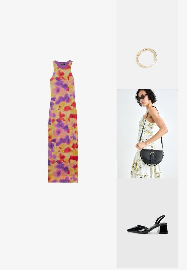 Dolga brezrokavna obleka s prilegajočim dizajnom. Ima rumeno osnovo z rdečimi, vijoličnimi in oranžnimi abstraktnimi vzorci. Ribana tekstura in okrogla ovratnica.; Črne lakirane slingback pete s koničastim nosom in geometrijsko blokasto peto. Imajo eleganten, minimalističen dizajn in gladko teksturo.; Črna usnjena torbica s ukrivljeno obliko, z odstranljivo naramnico in zlatimi dodatki. Torbica ima pokrov s podrobnostmi v obliki zaponke.; Zlati prstan s organskim, zvitim dizajnom, gladko površino in taperiranimi konci, ki ustvarja modernega, skulpturalnega videza.