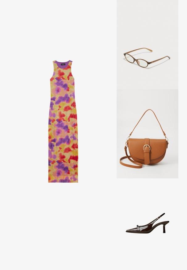 Robe longue sans manches au design ajusté. Présente une base jaune avec des motifs abstraits rouges, violets et oranges. Texture côtelée et encolure ronde.; Chaussure slingback en cuir verni marron avec un bout pointu, un petit talon et un accent de nœud décoratif à l'avant. Texture lisse et brillante.; Lunettes en écaille de tortue marron avec des verres ovales, des branches fines et des accents transparents. Présente un logo subtil sur la branche. Design élégant et léger.; Sac bandoulière en cuir marron avec une forme incurvée, quincaillerie dorée et un accent en boucle. Comprend une bandoulière détachable.