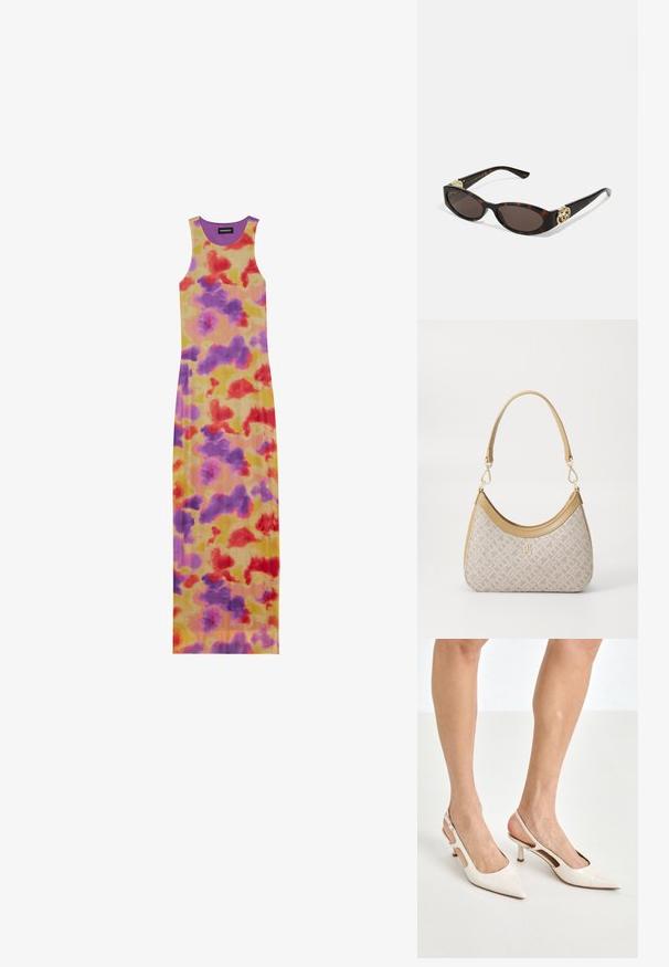 Largo vestido sin mangas con un diseño ajustado. Presenta una base amarilla con patrones abstractos en rojo, púrpura y naranja. Textura acanalada y cuello redondo.; Tacones slingback de charol beige con punta afilada y un tacón de 5 cm, con lados recortados y una delgada correa en el tobillo.; Gafas de sol carey con lentes ovalados alargados, tintado marrón, acentos de logo dorado en las patillas y brazos negros elegantes.; Bolso de mano beige con un patrón y forma curva, acentos de cuero y un logo tono dorado en la parte frontal. Cuenta con un asa corta para un fácil transporte.; Collar de perlas y cristales con un diseño redondo y abalorado en tonos suaves, que presenta perlas alternadas y acentos brillantes, llevado alrededor del cuello.