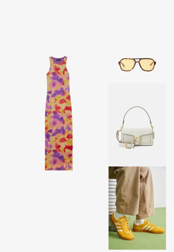 Długa sukienka bez rękawów o dopasowanym kroju. Posiada żółtą bazę z abstrakcyjnymi wzorami w kolorach czerwonym, fioletowym i pomarańczowym. Tekstura prążkowana i okrągły dekolt.; Żółte zamszowe sneakersy z białymi paskami, wyposażone w gumową podeszwę, materiałowe sznurówki i wyściełany kołnierz, zestawione z beżowymi bawełnianymi spodniami.; Okulary przeciwsłoneczne w kolorze wenge z geometrycznym wzorem, żółtymi soczewkami i metalowymi akcentami na zausznikach. Szeroka oprawa o matowej fakturze.; Biała skórzana torebka z złotymi okuciami, wyposażona w klapę zamykającą oraz odpinany, regulowany pasek. Okrągły metalowy element ozdobny na środku.
