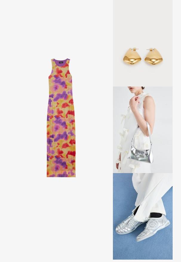 Lange mouwloze jurk met een getailleerd ontwerp. Heeft een gele basis met abstracte patronen in rood, paars en oranje. Geribbeld textuur en ronde halslijn.; Zilveren sportschoenen met een gladde, glanzende afwerking, voorzien van een gestikt ontwerp en het nummer 90 aan de zijkant, gecombineerd met witte broek.; Zilveren metallic handtas met een gestructureerde vorm, voorzien van een bovenhandvat en een strikdetail aan de voorkant. Gladde textuur, reflecterende afwerking.; Goudkleurige metalen oorbellen met een glad, afgerond driehoekig ontwerp en een post-back sluiting; reflecterend oppervlak met minimale details.