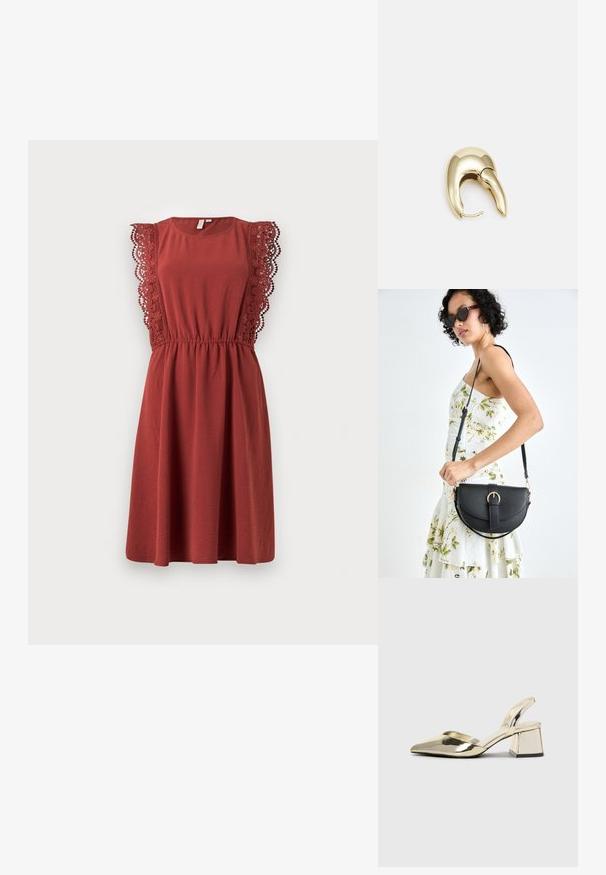 Rochie roșie cu mâneci scurte dantelate, decolteu rotund și talie elastică. Confecționată dintr-un material moale, având o siluetă A-line relaxată.; Pantofi cu toc slingback metalici aurii, cu vârf ascuțit și toc chunky. Textură netedă, design minimalist și o curea subțire.; Geantă din piele neagră, cu o formă curbată, curea detașabilă și accesorii aurii. Geanta are un capac cu un detaliu tip cataramă.; Cercei din metal de culoare aurie cu un design elegant și curbat. Prezintă o formă distinctivă, ascuțită, o suprafață lustruită și un sistem de închidere cu balama.