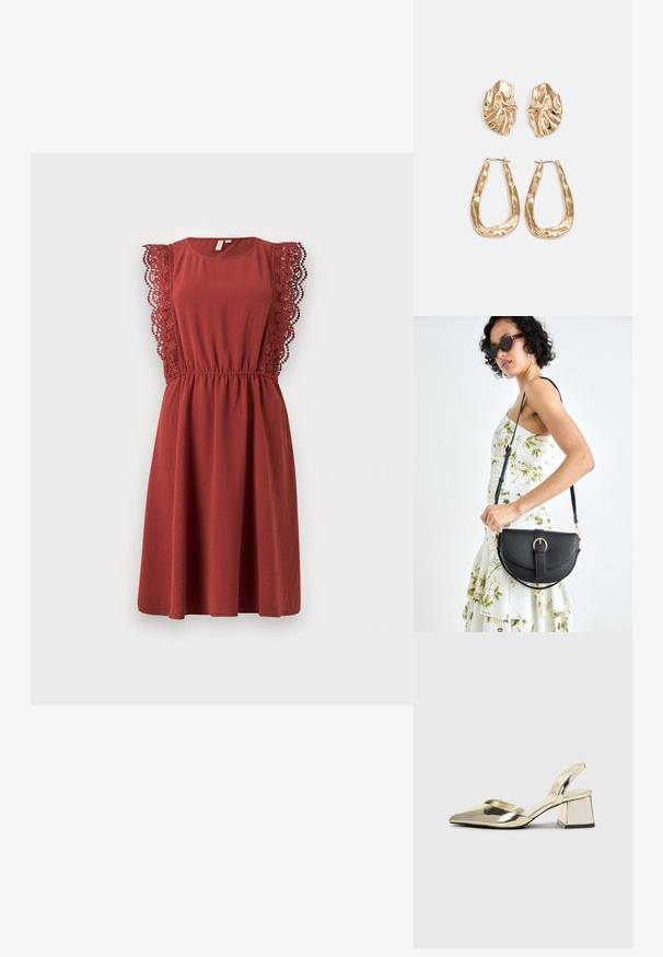 Vestido vermelho com mangas curtas de renda, gola redonda e cintura elástica. Feito de tecido macio, apresentando uma silhueta A-line descontraída.; Sapatos de salto alto metálicos dourados, com biqueira em ponta e salto grosso. Textura suave, design minimalista e uma tira estreita.; Bolsa de couro preta com forma curva, alça destacável e detalhes em dourado. A bolsa possui uma aba com detalhe de fivela.; Brincos em tom de ouro com formas onduladas e texturizadas. Inclui studs escultóricos com presilha e um design de argola aberta com um acabamento martelado.