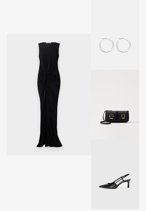 Mustmustelgistu rinnahoidja, mis on valmistatud siledast kangast, koos keeratud detailiga vöös ja põrandani ulatuva disainiga. Lihtne ümmargune kaelus.; Mustmust paelad, millel on terav varvas, tekstuuriga maduprindiga, reguleeritav rihm ja lühike tekstuuriga plokknina.; Must küllastamata nahast õlakott, millel on kaks esist nähtavat taskut, kuldsed pandlad, tõmblukuga sulgemine ja peen rihm. Tekstuuriga pind ja kompaktne ristkülikukujuline kuju.; Hõbedased rõngasnõelad on sujuva ja ümara kujundusega, õhukese profiiliga ning kindla lukuga. Minimalistlik stiil ja läikiv viimistlus.